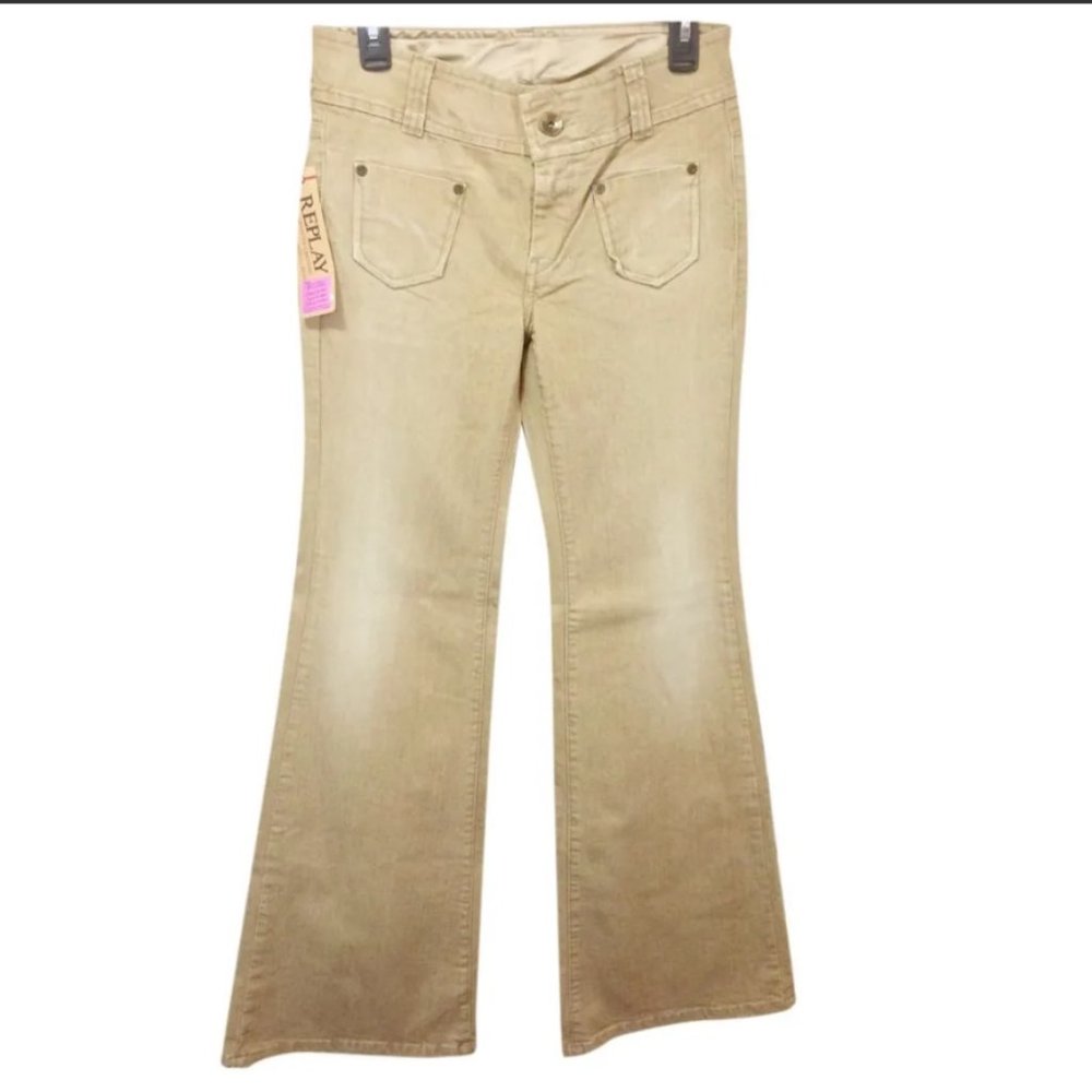 Replay women's size 28 mid rise stretch flare golden denim patch pocket jeans